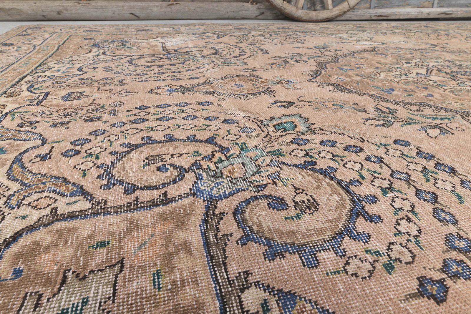 288x378 Cm Faded Beige Brown Turkish Rug, Vintage Rug, Wool Handmade Rug, Oriental Rug, Home Decor Living Room Rug Extra Large Navy Blue Motif photo vintage