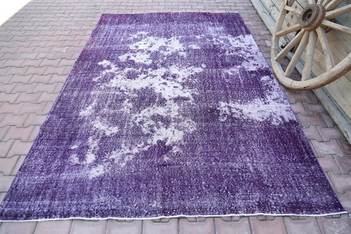7.1x10.6, Faded Purple White Turkish Rug, Distressed Area Oushak Rug, Wool Rug, Room Decor, Modern Rug, Living Room Rug, Turkey Rug