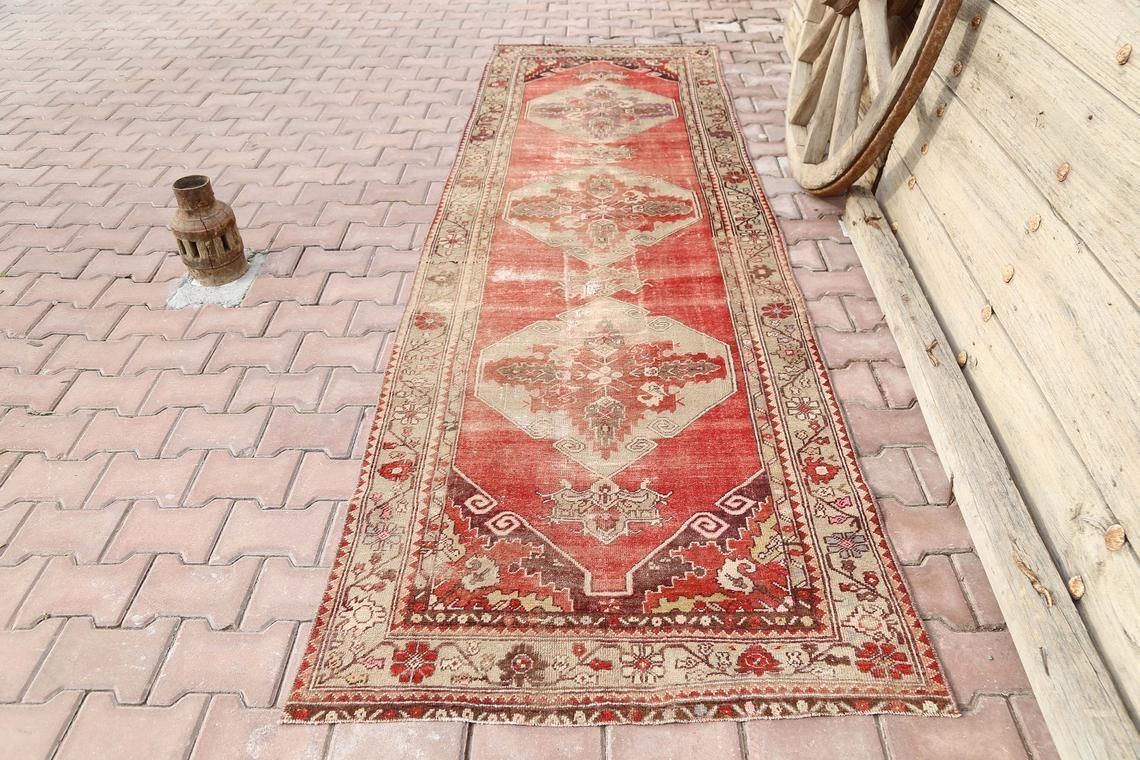 99x327 Cm Stark, Turkish Vintage Runner, Oushak Bohemian Wool Rug, Home Carpet, Faded Red Distressed Beige Rug, Kilim Motifs Antique Design
