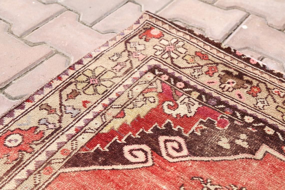 99x327 Cm Stark, Turkish Vintage Runner, Oushak Bohemian Wool Rug, Home Carpet, Faded Red Distressed Beige Rug, Kilim Motifs Antique Design photo buy