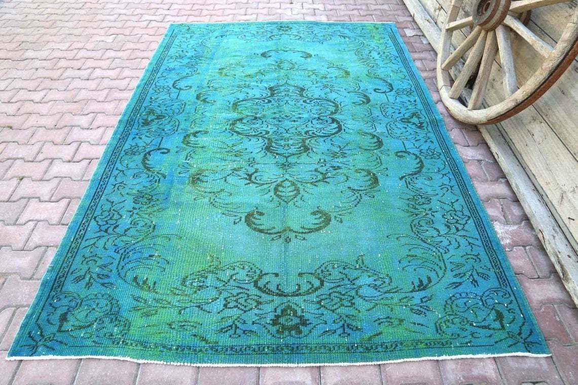 6.1x9.5, Modern, Turkish Rug, Vintage Rug, Area Rug, Turquoise Oushak Rug, Floor Decor, Teal, Blue, Greenish Central Motif Unique, Suffe Art