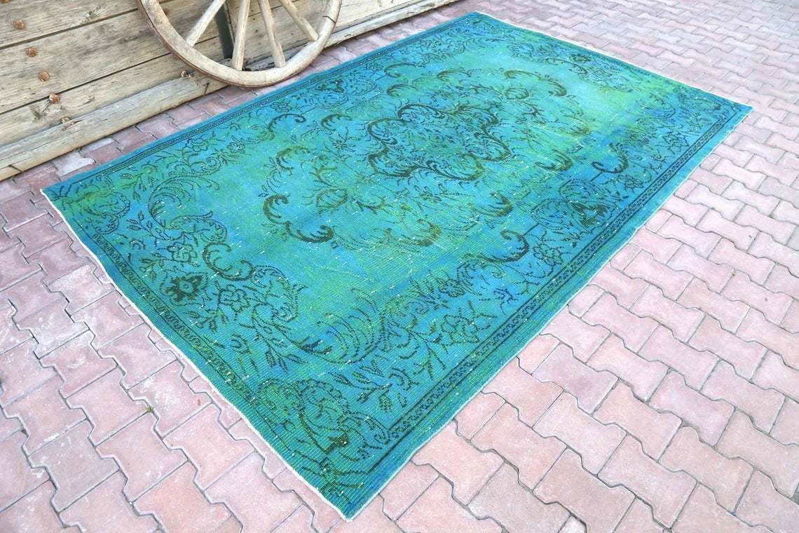 6.1x9.5, Modern, Turkish Rug, Vintage Rug, Area Rug, Turquoise Oushak Rug, Floor Decor, Teal, Blue, Greenish Central Motif Unique, Suffe Art photo furniture