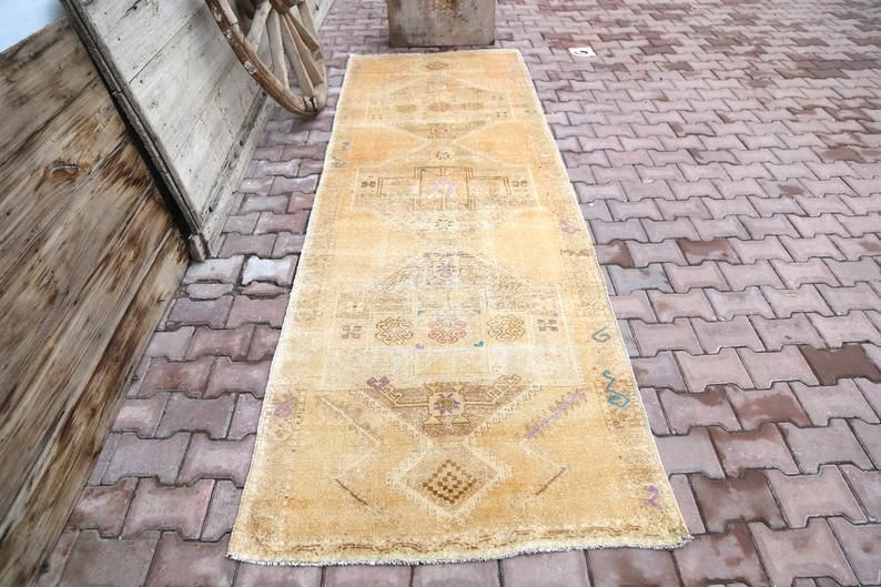 Runner Rug, Vintage Rugs Runner, Farmhouse Decor, Beige, Gold, Runner Rug, Hallway Runner, Faded, Beige Neutral, Rugs, Geometric