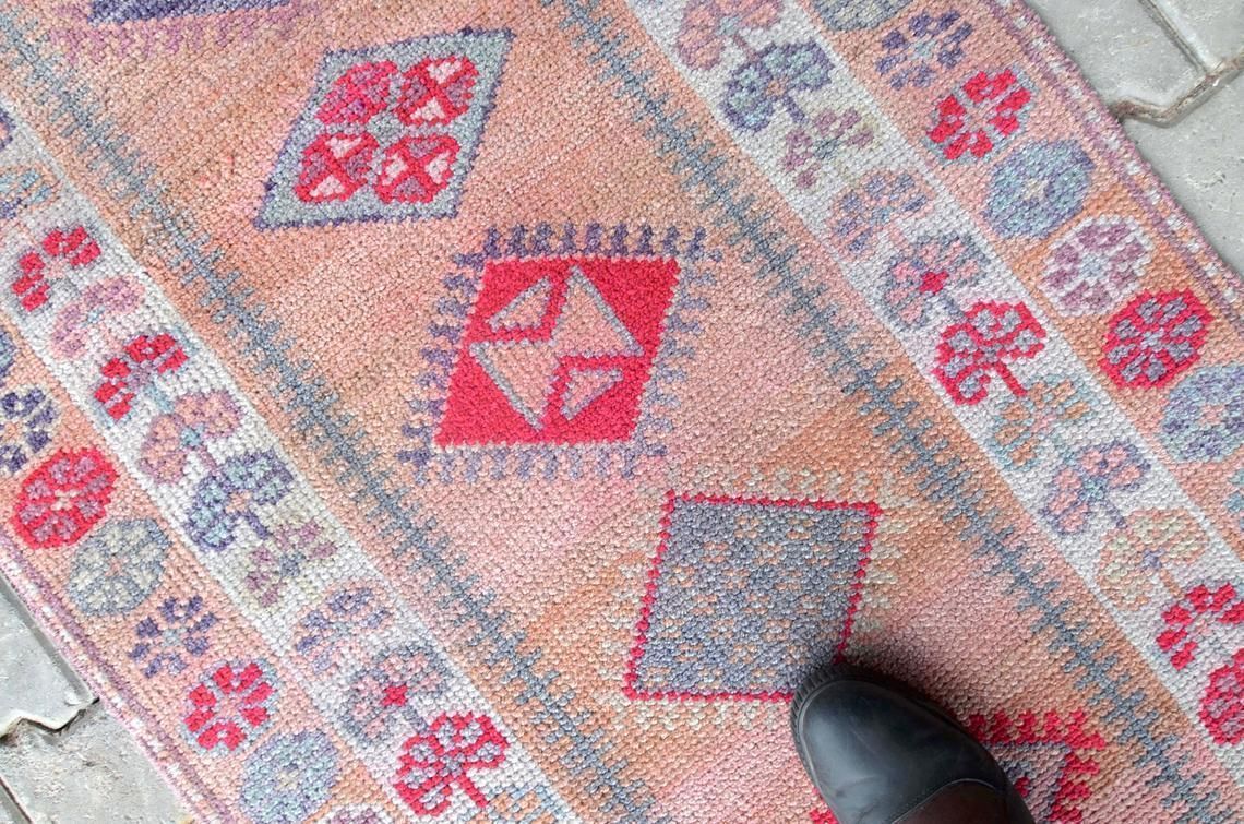 2'8x12'7 Ft, Vintage Runner, Herki, Turkish Runner, Nomadic, Hallway Runner, Handmade, Wool, Oushak Runner, Home Decor, Runner Rug, Pink Rug photo vinterior