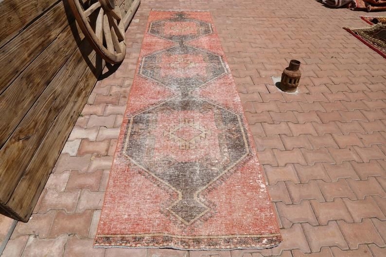 Hallway Runner, Turkish Runner, Geometric, Vintage Runner, Wool, Handmade, Oushak Runner, Bohemian Runner, Long Runner, Faded Red