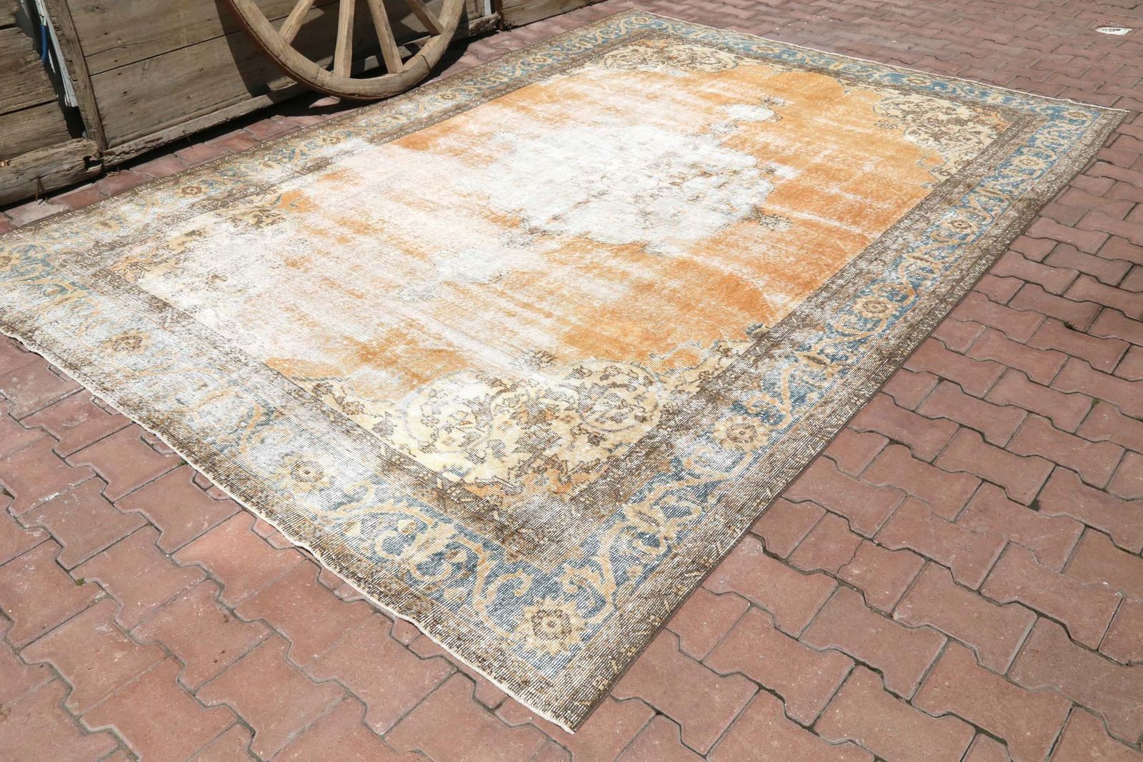 Mediterranean Area Rug, Handmade Rug, Faded Orange Oushak Rug, Anatolian Turkish Rug, Vintage Boho Chic Luxury Natural, Organic photo furniture
