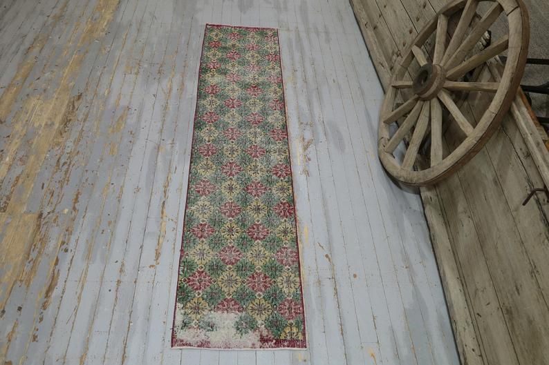 Hallway Runner, Turkish Vintage Runner, Wool, Handmade, Oushak Runner, Bohemian, Long Runner, Floral, Green, Red, Yellow, Modern photo furniture