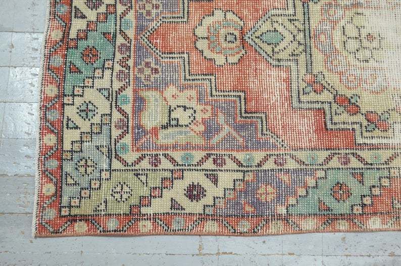 Turkish Vintage Runner, Distressed Oushak Runner Rug, Vintage Rug, Handmade, Distressed, Wool, Oriental, Floral, Red, Beige Runner photo vintage