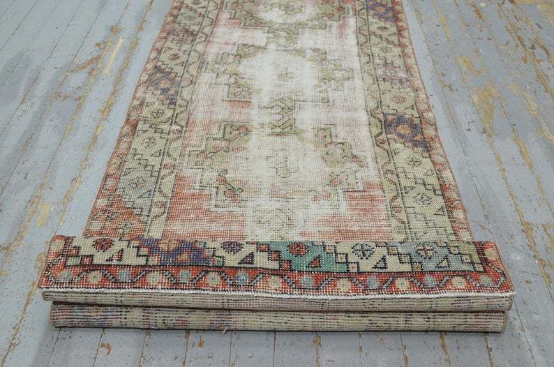 photo furniture Turkish Vintage Runner, Distressed Oushak Runner Rug, Vintage Rug, Handmade, Distressed, Wool, Oriental, Floral, Red, Beige Runner
