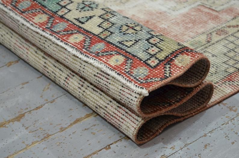 photo for sale Turkish Vintage Runner, Distressed Oushak Runner Rug, Vintage Rug, Handmade, Distressed, Wool, Oriental, Floral, Red, Beige Runner