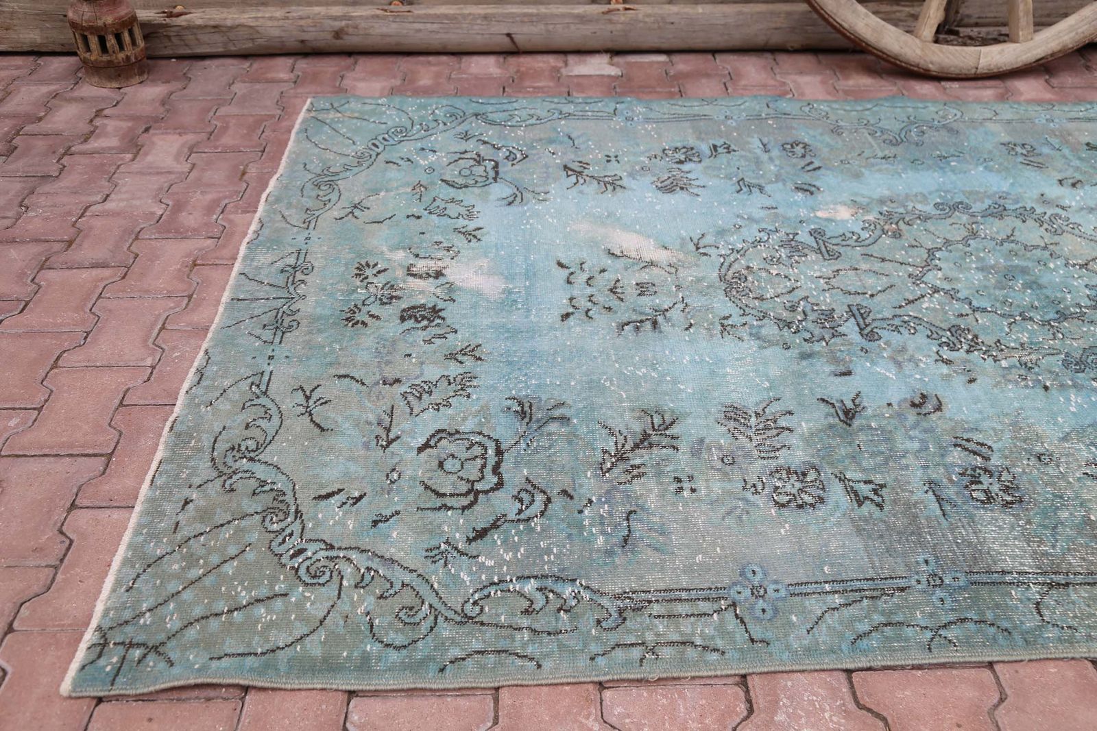 Teal, Turkish Vintage Rug, Distressed Rug, Area Rug, Oushak Rug, Wool Rug, Room Decor, Floral Rug, Living Room Rug, Blue Turquoise photo for sale