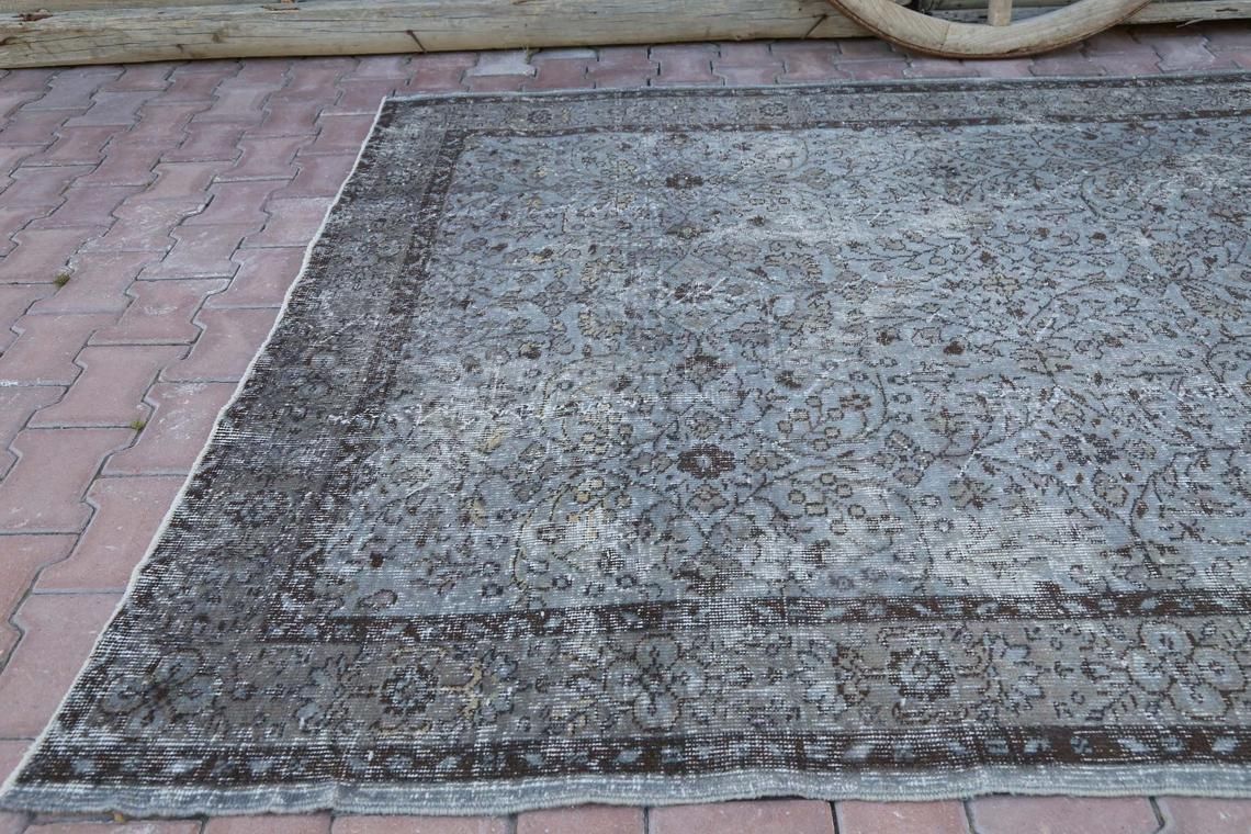 5.9x9.8, Turkish Vintage Oushak Rug, Floral Area Rug, Wool, Room Decor, Living Room Rug, Turkey Rug, Handmade, Blue, Brown Distressed Faded photo for sale