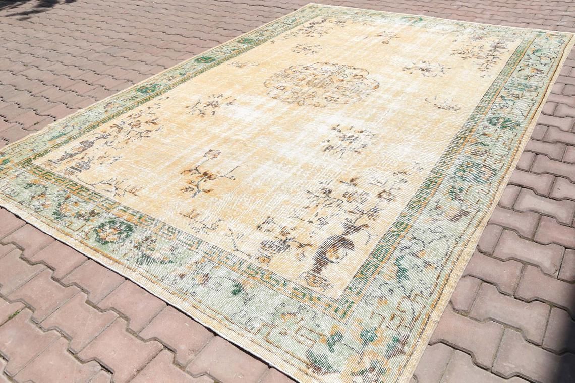 7.4x10.6, Vintage Turkish Rug, Aegean, Distressed, Area Rug, Home Decor, Living Room Rug, Floral Neutral, Oushak Wool, Beige, Green, Rugs photo for sale