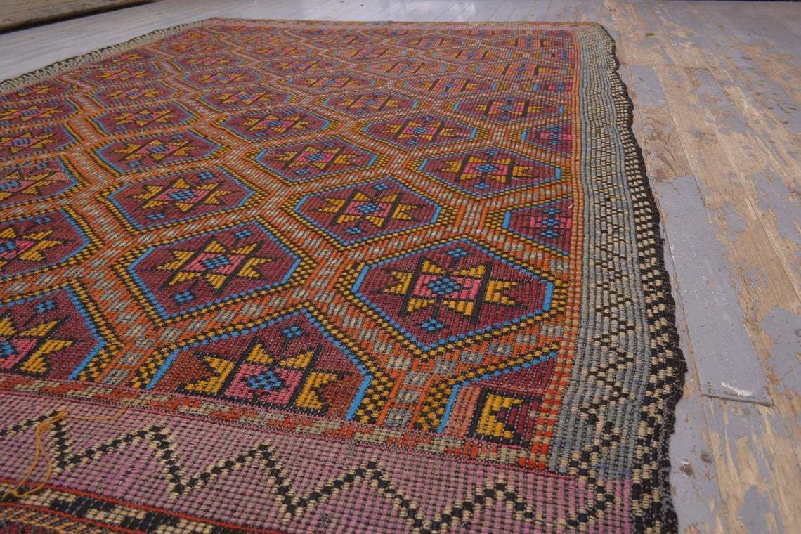 65x97, Turkish Kilim, Flatweave Rug, Vintage Kilim, Oushak Kilim, Handmade, Wool Kilim, Large , Area Kilim, Geometric, Manta, Orange, Blue photo 481.0