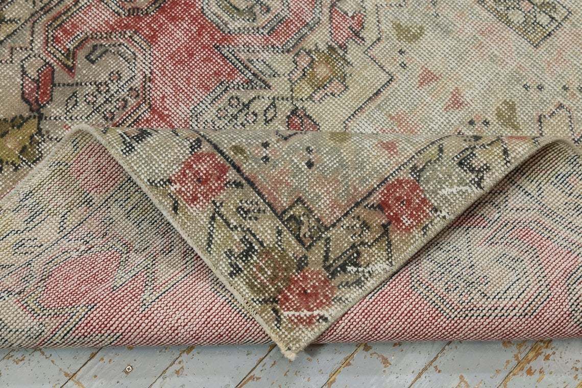 photo for sale 4.2x7.2, Vintage Rug, Turkish Rug, Wool Rug, Distressed, Oushak Rug, Geometric, Handwoven, Oriental Rug, Floral, Red, Beige, Living Room Rug