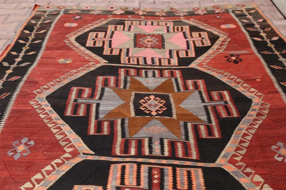 5x16 Kilim, Flatweave Rug, Wide Runner, Runner Rug, Wide Runner, Hallway Runner, Vintage Red, Modern, Black, Brown Pink Geometric Floral photo for sale