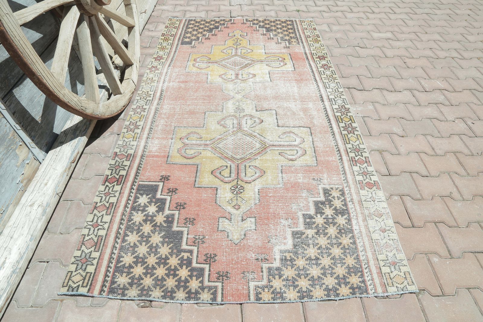 Distressed Neutral Boho Chic Vintage Rug, Natural Bohemian Handmade, Small Anatolian, Turkish Rug, Antique Rug
