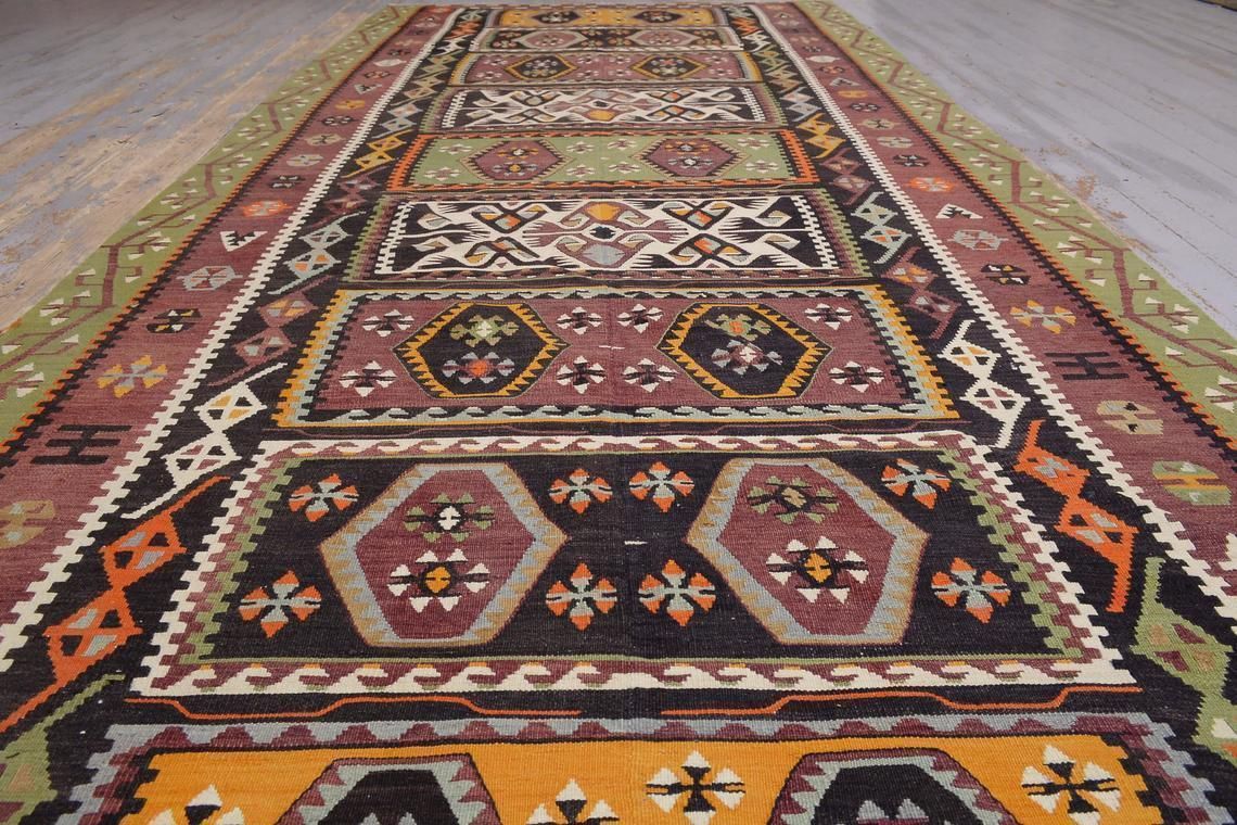 52x116, Wide Runner Turkish Kilim Flatweave Runner, Vintage Oushak Kilim, Kelim, Tapis, Hallway Turkish Runner, Ethnic Farmhouse Decor photo Textiles