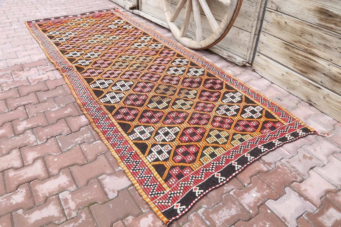 4x102, Turkish Kilim Wide Flatweave Runner, Vintage Oushak Kilim, Wool, Handmade, Hallway Runner, Home Decor, Turkish Runner, Red, Orange
