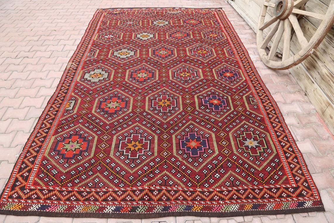 6.8x11.2, Flatweave Rug, Red Burgundy Claret Kilim Turkish Vintage Handwoven Traditional Rug, Area Rug, Wool Rug, Oriental Rug, Turkey Rug