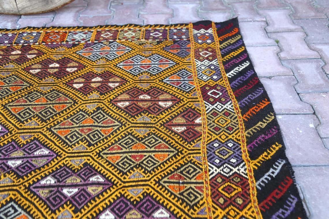 Kilim, 5x7.3, Flatweave Turkish Rug, Vintage Rug, Oushak Rug, Geometric Rug, Traditional Rug, Area Rug, Wool Rug, Turkey Rug, Yellow photo buy