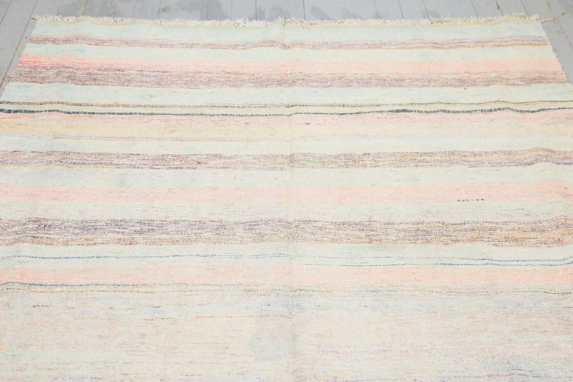 5.5x10.4, Striped, Flatweave Rug, Turkish Rug, Area Rug, Kilim Rug, Oushak Rug, Wool Rug, Red Rug, Living Room Rug, Flatweave Modern, Pastel photo vinterior