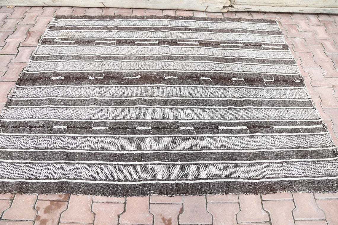 5x7 Double Side Turkish Kilim Brown Ivory Beige Rug, Handwoven Area Kilims, Kilim Rug, Big Size Rug, Natural Wool Kilim Modern 5.3x6.6 photo for sale