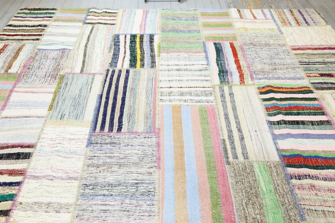 9.6x13.1 Turkish Vintage Kilim Flat Weave Boho Grey Area Rug, Oushak Kilim Hallway Gray Turkish Area Wool, Striped, White, Neutral Boho Chic photo Textiles