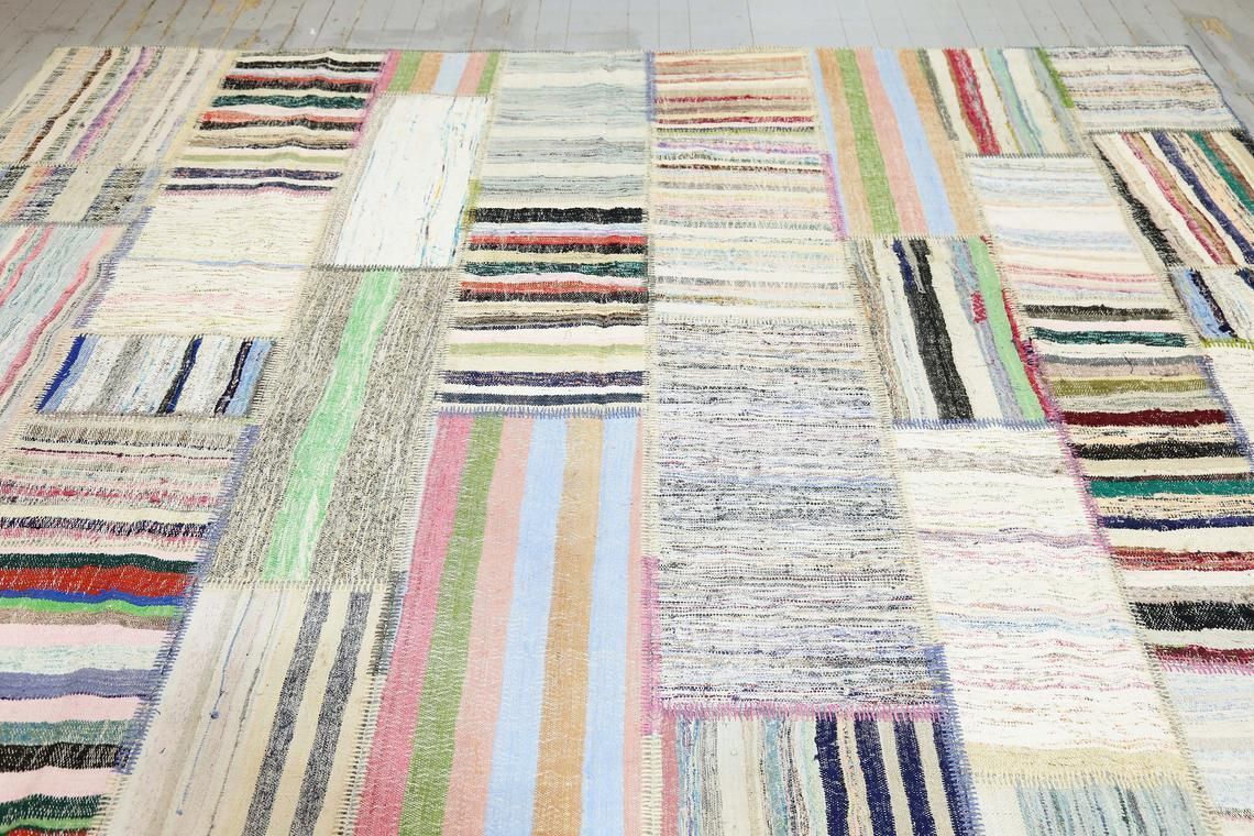9.6x13.1 Turkish Vintage Kilim Flat Weave Boho Grey Area Rug, Oushak Kilim Hallway Gray Turkish Area Wool, Striped, White, Neutral Boho Chic photo 1154.0