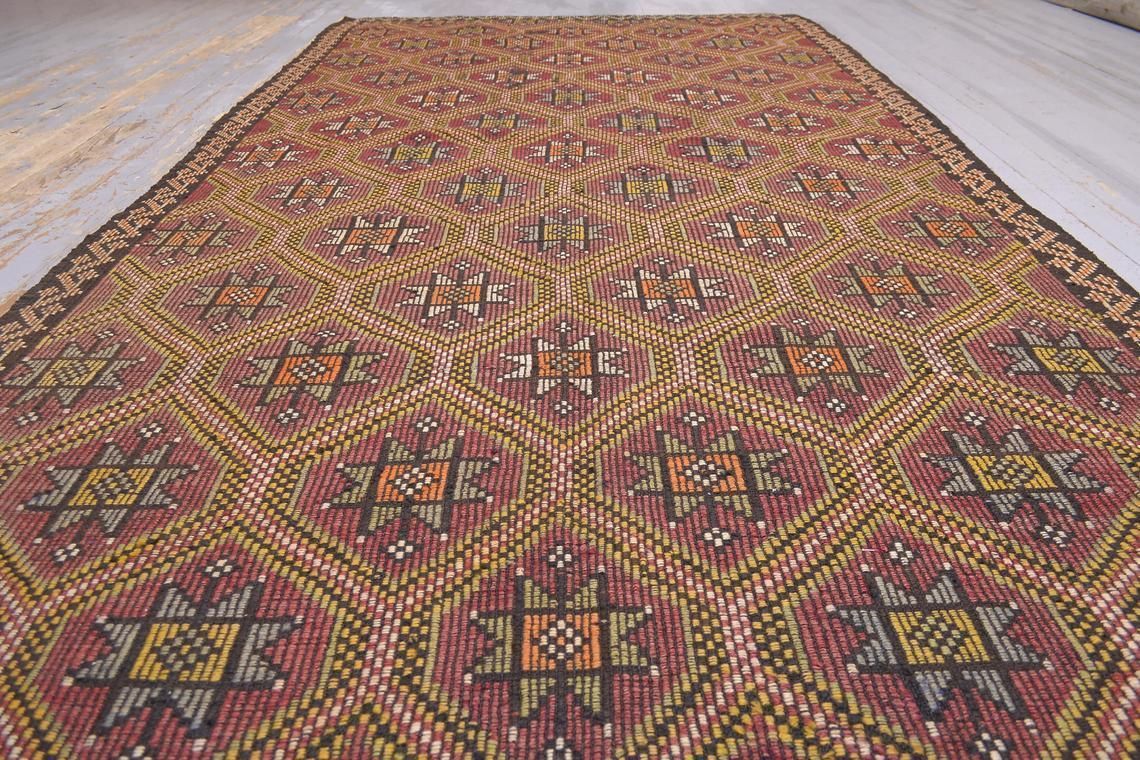 6x10 Kilim Turkish Vintage Rug, Flat Weave Anatolian Rug, Alfombra, Area Rug, Faded Red Orange Geometric Area 5.5x10.2 photo furniture