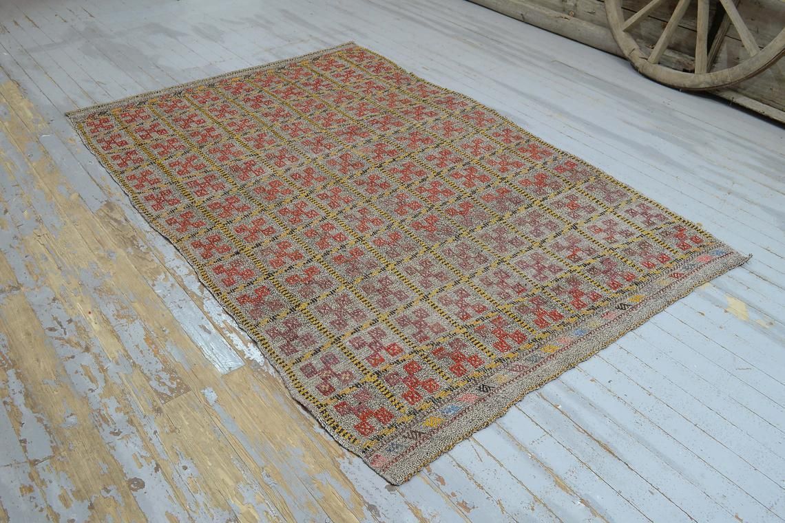 5.5x8.1 Vintage Check Rainbow Kilim Area Rug, Turkish Rug, Teppich Oushak Rug, Decor Kilim Rug, Wool Beige Red Yellow Motifs Gray Ikat Rug
