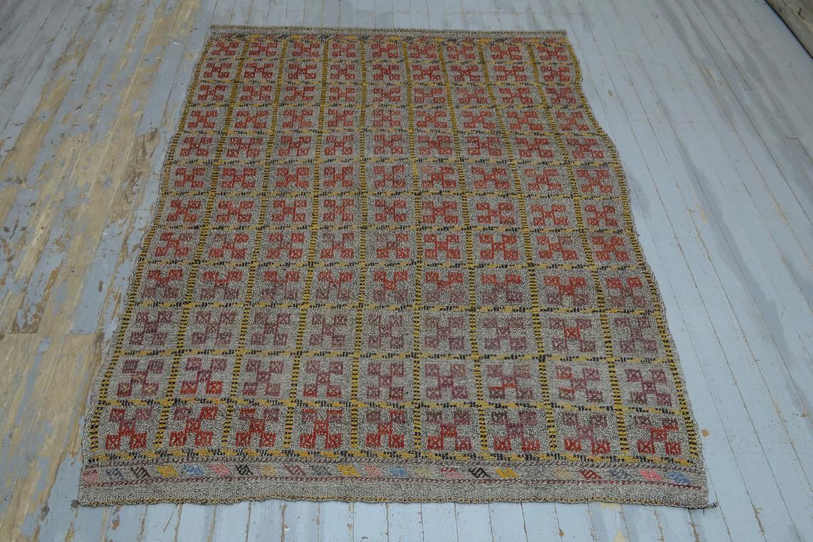 5.5x8.1 Vintage Check Rainbow Kilim Area Rug, Turkish Rug, Teppich Oushak Rug, Decor Kilim Rug, Wool Beige Red Yellow Motifs Gray Ikat Rug photo furniture