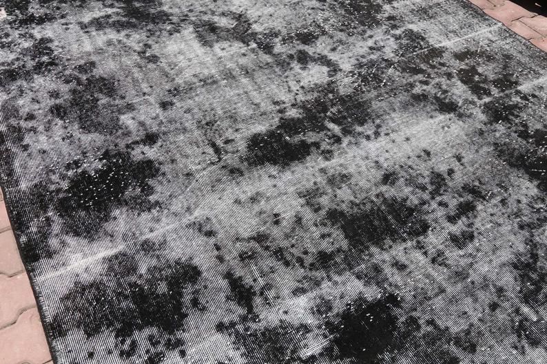 7.3x10.5, Black Turkish Rug, Area Rug, Distressed Muted Handmade Rug, Vintage Turkish Carpet, Black, Wool Rug, Decor Modern Mid Century photo Textiles