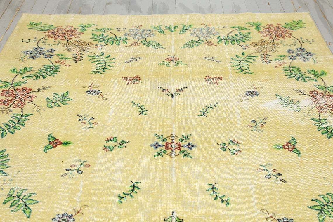 Yellow Rug, Turkish Rug, Vintage Rug, Oushak Rug, Bohemian Rug, Wool On Cotton Floral Rug, Home Decor, Yellow Beige Rugs photo Textiles