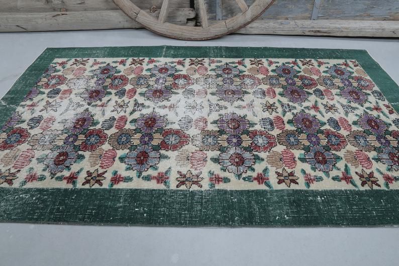 Distressed Green Floral Vintage Rug, Turkish Over Dyed Area Rug, Double Knot, Perfect Condition, Wool On Cotton Foundation Floor photo Textiles
