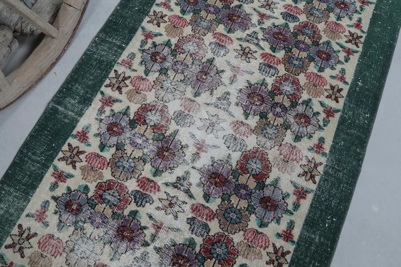 Distressed Green Floral Vintage Rug, Turkish Over Dyed Area Rug, Double Knot, Perfect Condition, Wool On Cotton Foundation Floor photo buy