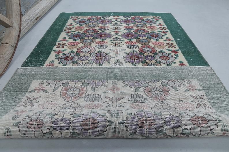 photo furniture Distressed Green Floral Vintage Rug, Turkish Over Dyed Area Rug, Double Knot, Perfect Condition, Wool On Cotton Foundation Floor