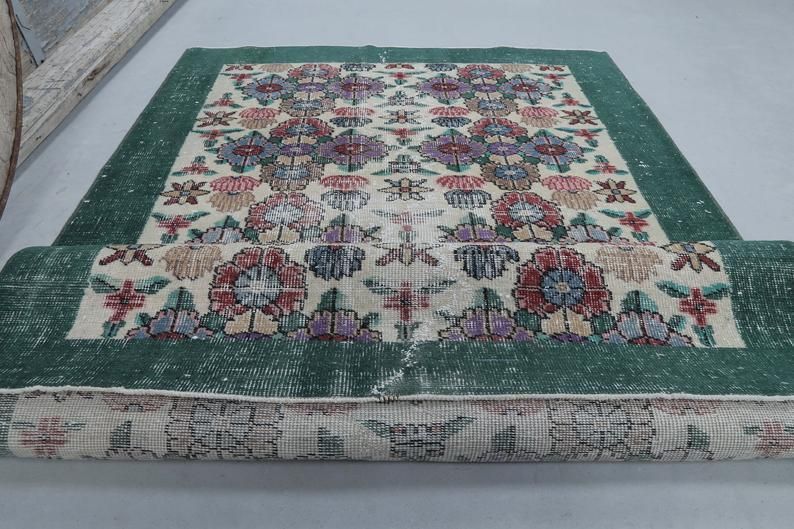 photo for sale Distressed Green Floral Vintage Rug, Turkish Over Dyed Area Rug, Double Knot, Perfect Condition, Wool On Cotton Foundation Floor