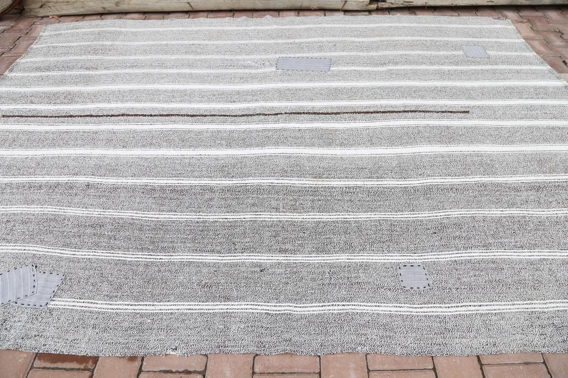 6.6x9.4, Turkish Rug, Kilim, Area Rug, Flatweave, Handwoven, Natural, Handmade, Oushak Rug, Gray, Striped, Turkish Carpet, Flat Weave Rugs photo for sale