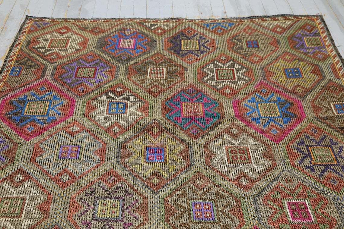6x9 Antique Kilim, 5.9x9.4. Flat Weave Rugs, Turkish Vintage Oushak Rug, Home Decor, Pastel Beige Red, Green Red Pink, Luxury Area Rug photo 500.0