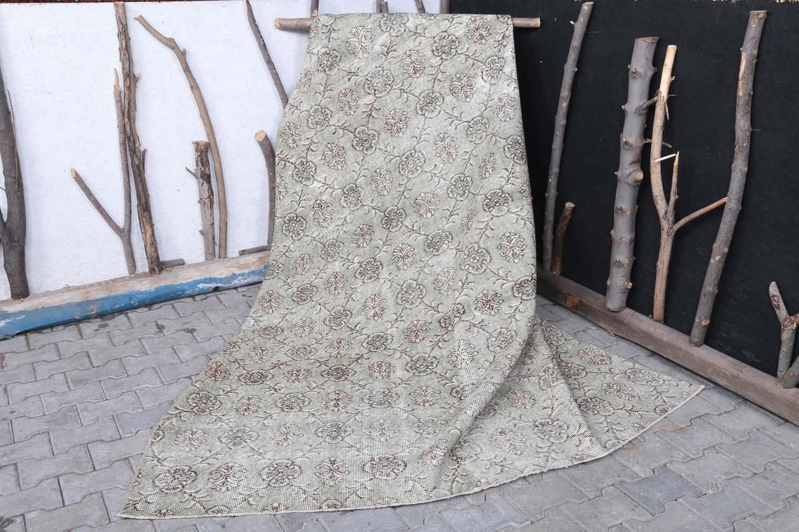 photo for sale 6.7x9.9 Ft, Hidden Garden Design, Vintage Rug, Turkish Rug, Area Rug, Handmade Rug, Oushak Rug, Wool, Distressed Rug, Living Room Rug, Faded