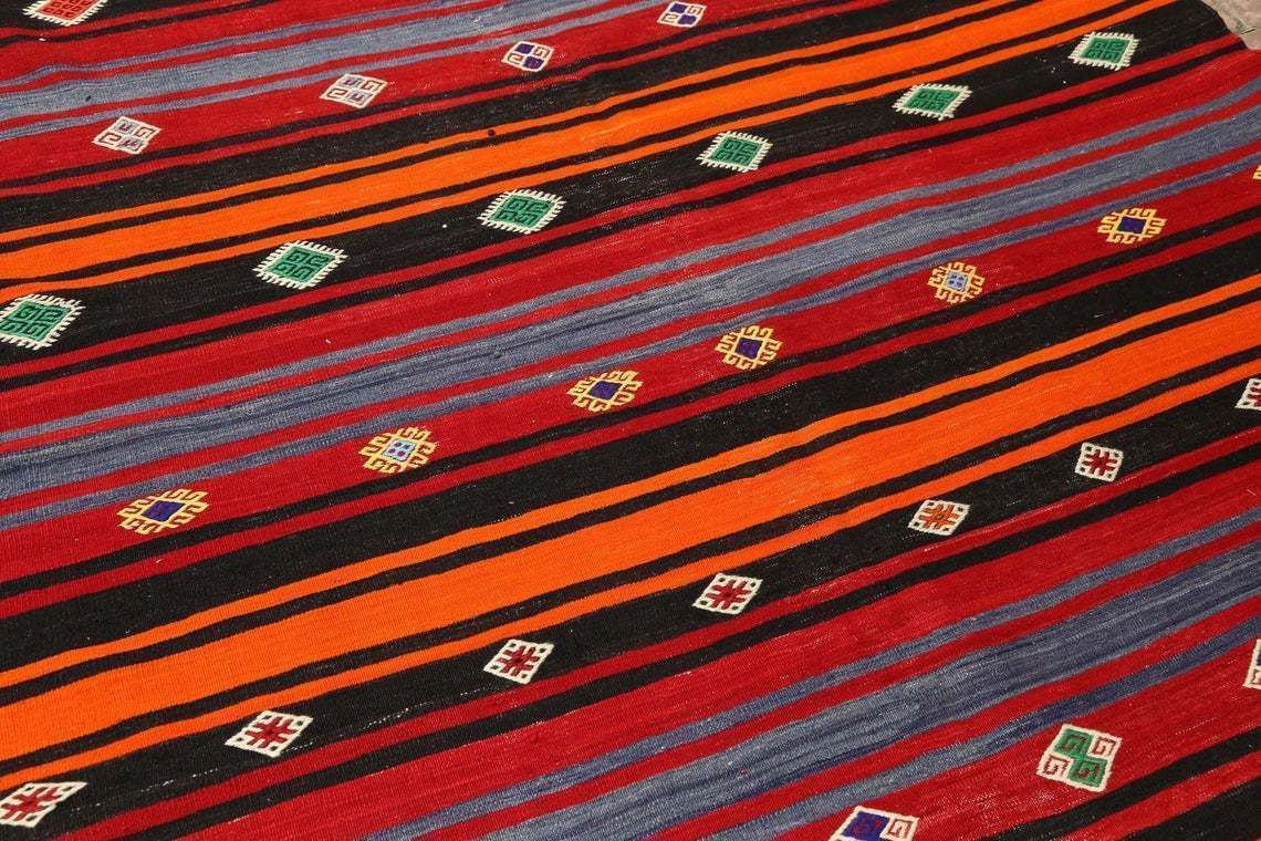 6.2x12.3, Flatweave Rug, Kilim Rug, Area Rug, Turkish Rug, Striped Runner Rug Kilim, Red Rug, Living Room Rug, Red, Black Stripe Diamond photo for sale