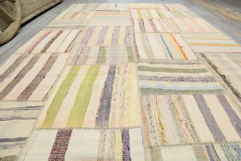 Turkish Rug, Vintage Boho Chic, Area Rug, Oushak Rug, Cotton Rag Rug, Home Decor Rug, Carpet, Oriental Rug, Beige, Neutral Faded photo for sale
