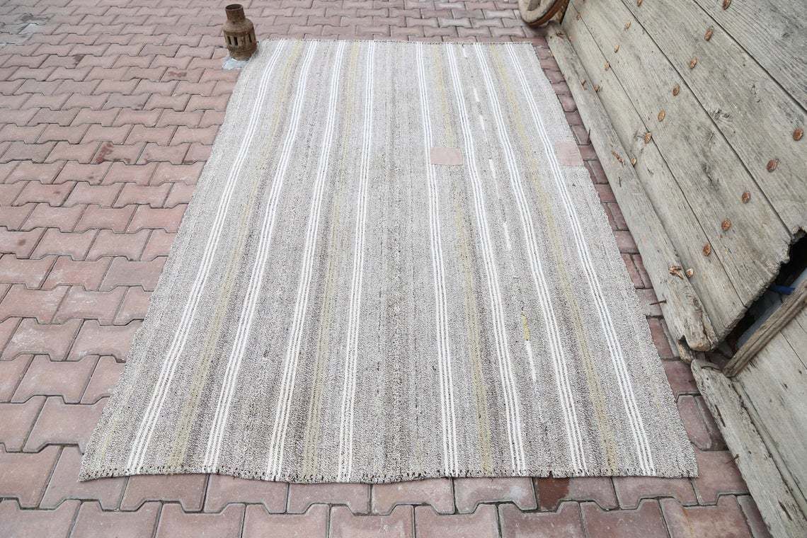 5.2x8.4, Flatweave Rug, Kilim, Area Rug, Flatweave, Turkish Gray Grey Handwoven Rug, Modern Striped Rug, Wool Rug, White Striped,Alfombra