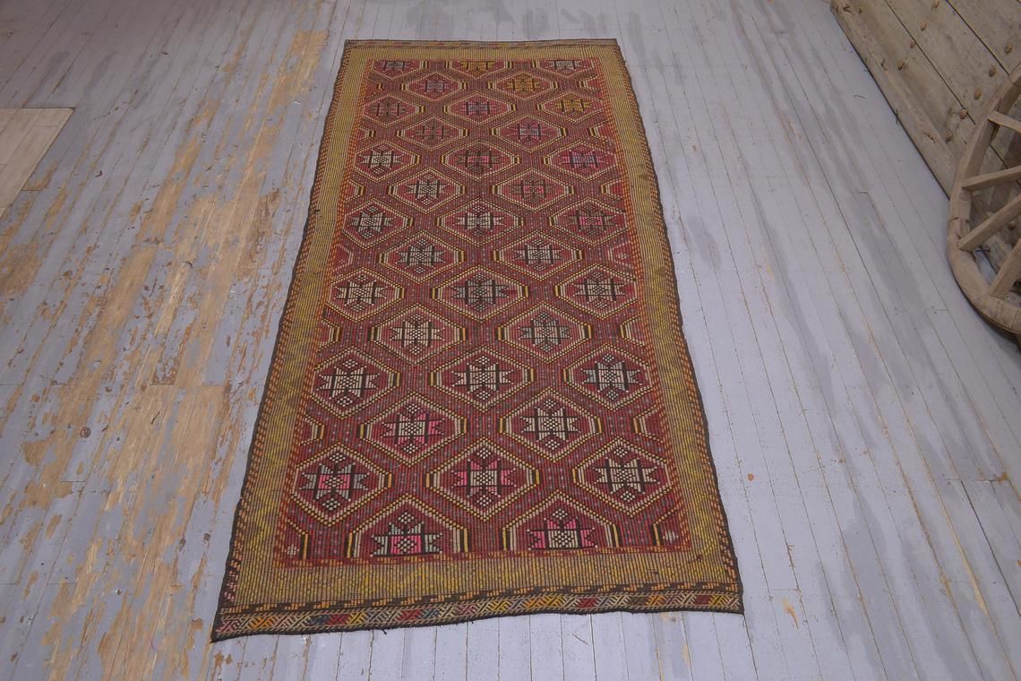 49x105, Turkish Kilim Flatweave Runner, Vintage Oushak Kilim, Wool, Handmade, Hallway Runner, Home Decor, Turkish Runner, Faded Red, Rug
