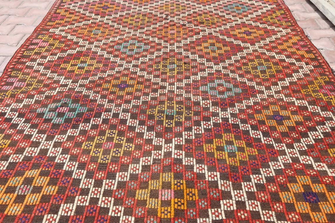 5.4x10.5, Turkish Kilim, Flatweave Rug, Vintage Kilim, Oushak Kilim, Wool, Handmade, Area Rug, Room Decor, Turkish, Geometric, Red, Orange photo Textiles