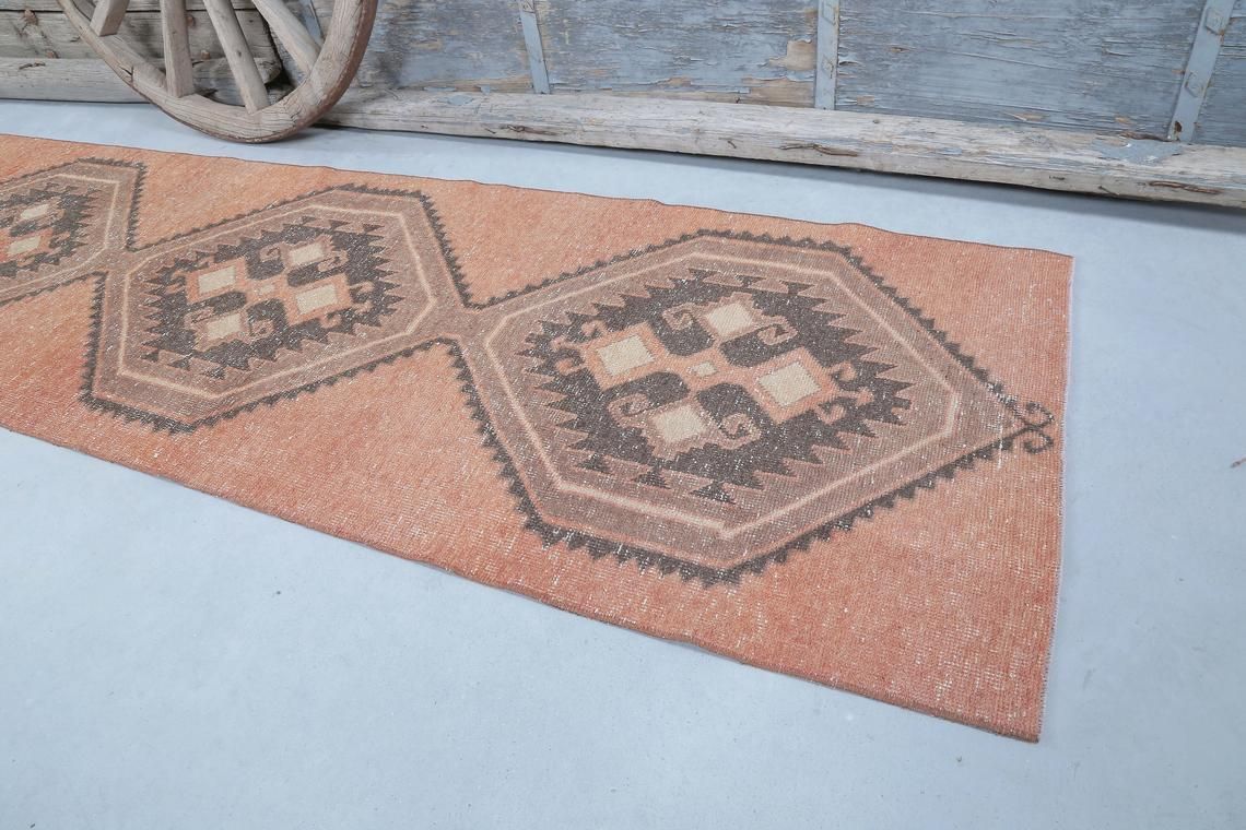 Turkish Oushak Runner, Vintage Runners, Home Decor, Wool Rug, Runners, Bohemian Runner Rug, Turkey Rug, Faded Distressed Orange photo Textiles