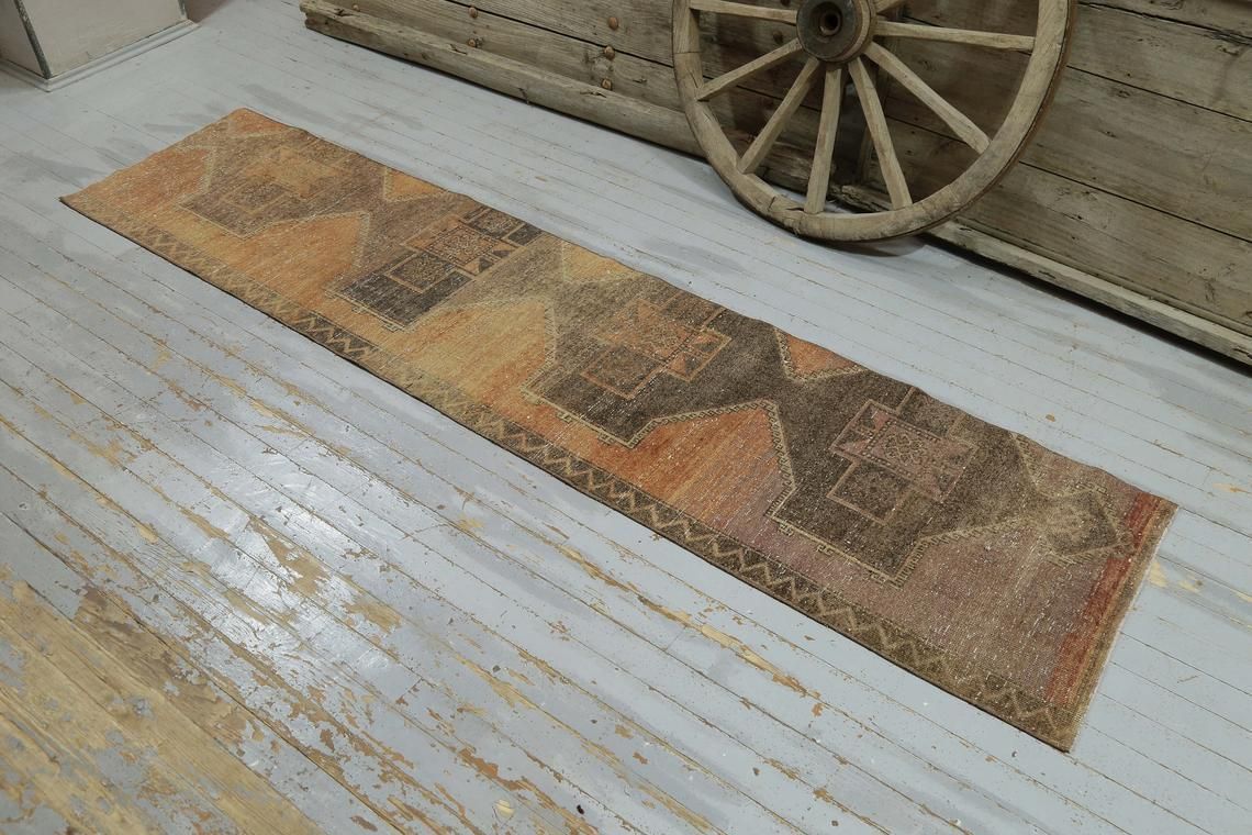 Turkish Vintage Runner, Wool, Runner Rug, Home Decor, Rug Runner, Faded Orange, Brown, Vintage Handmade Diamond Geometric Shape photo furniture