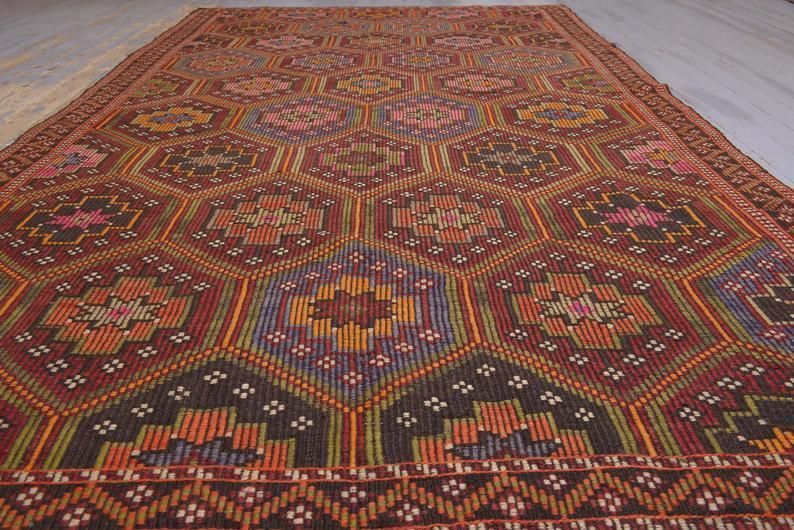 Flatweave, Kilim Turkish Rug, Handwoven, Red, Pink, Orange, Geometric, Vintage Rug, Farmhouse Decor, Flat Weave Rug photo furniture
