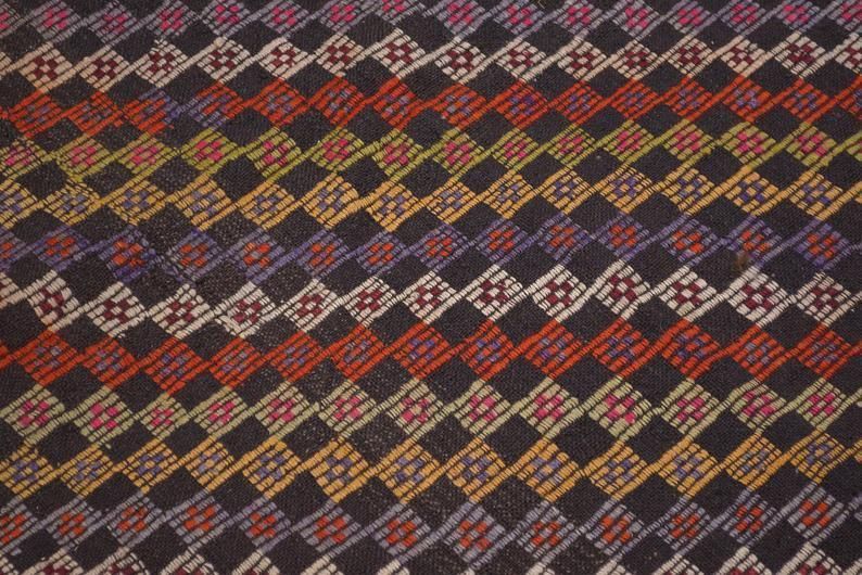 Flatweave Turkish Rug, Kilim Turkish Kelim Handwoven Geometric, Farmhouse Decor Area Rug, Red Beige Brown Squared Checkered Boho Chic photo vinterior